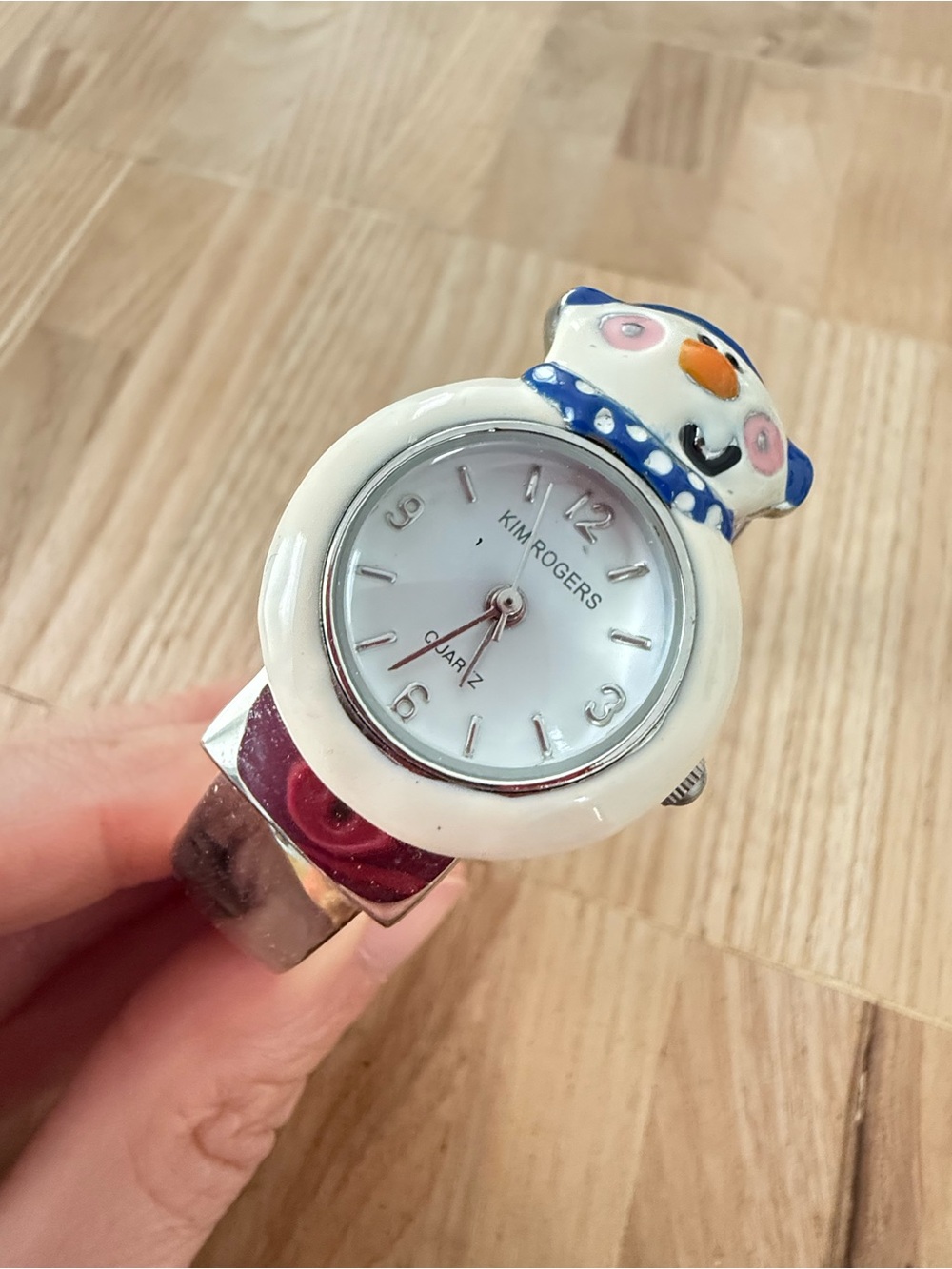 Kim rogers snowman silver tone cuff bracelet watch NEW BATTERY